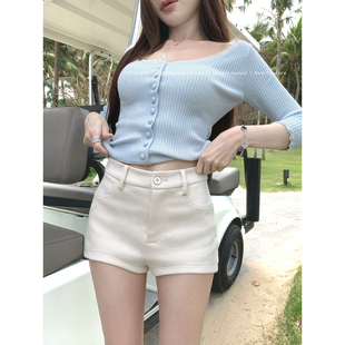 COOLLINE林子熙 腿精麂皮短裤2.0 百搭白色ju显腿长高腰包臀裤