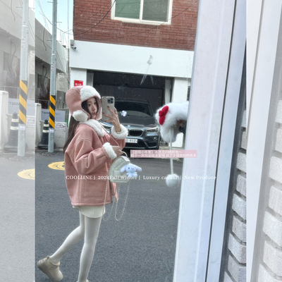 林子熙粉色皮毛一体羊羔毛外套