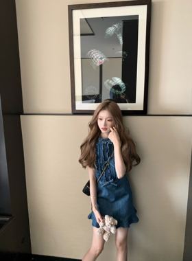 COOLLINE林子熙 显瘦miu系牛仔裙蝴蝶结深蓝色连衣裙女气质短裙夏