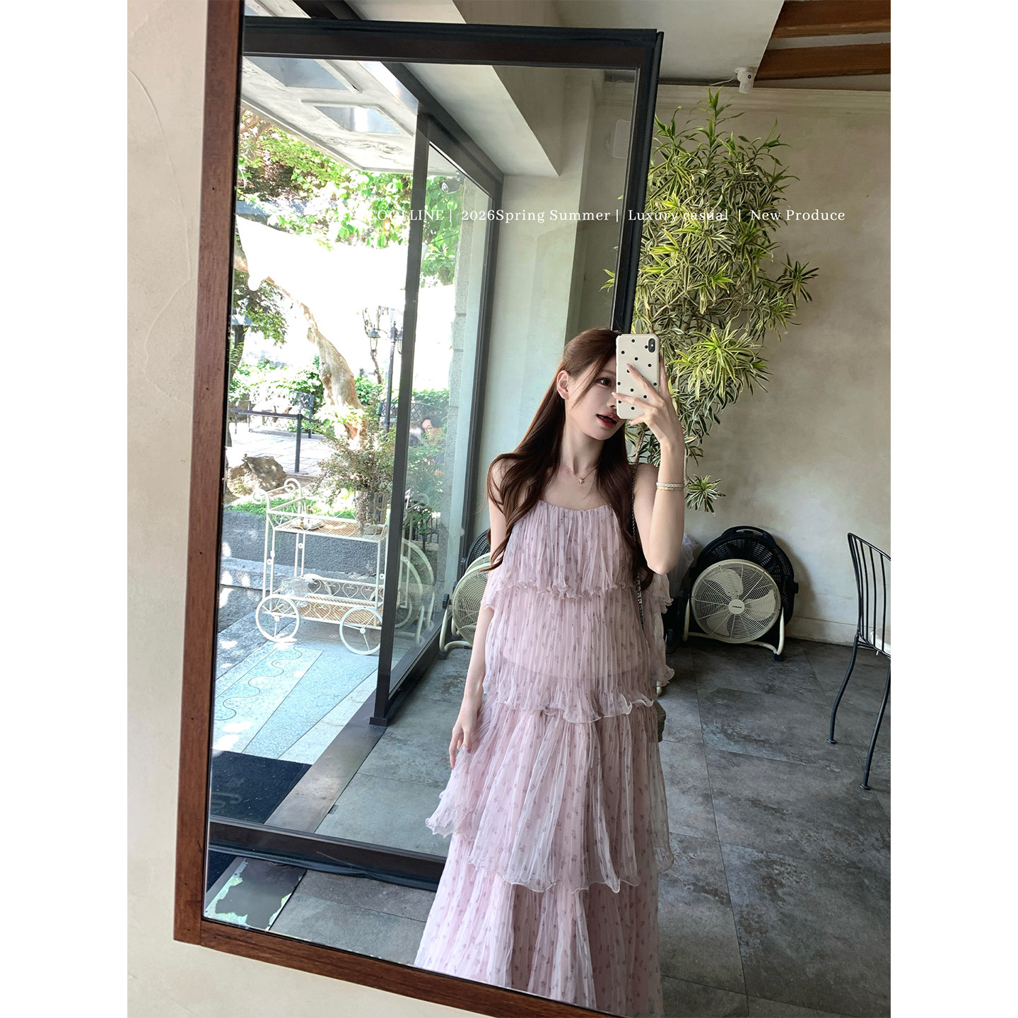 COOLLINE林子熙 粉雾情书 仙气两色绝美花瓣边套装女吊带上衣长裙