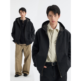 BUTTBILL 26SS连帽牛仔水洗复古宽松工装暗条纹外套春季夹克男女