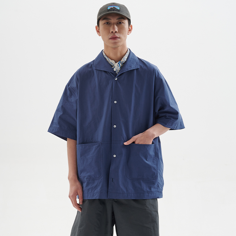 BUTTBILL 24SS复古海军领衬衫U型贴袋宽松落肩廓形短袖衬衣男情侣