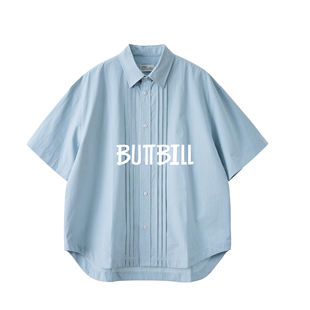 BUTTBILL24SS通勤复古日系风琴褶皱纯棉短袖衬衫宽松廓形衬衣男