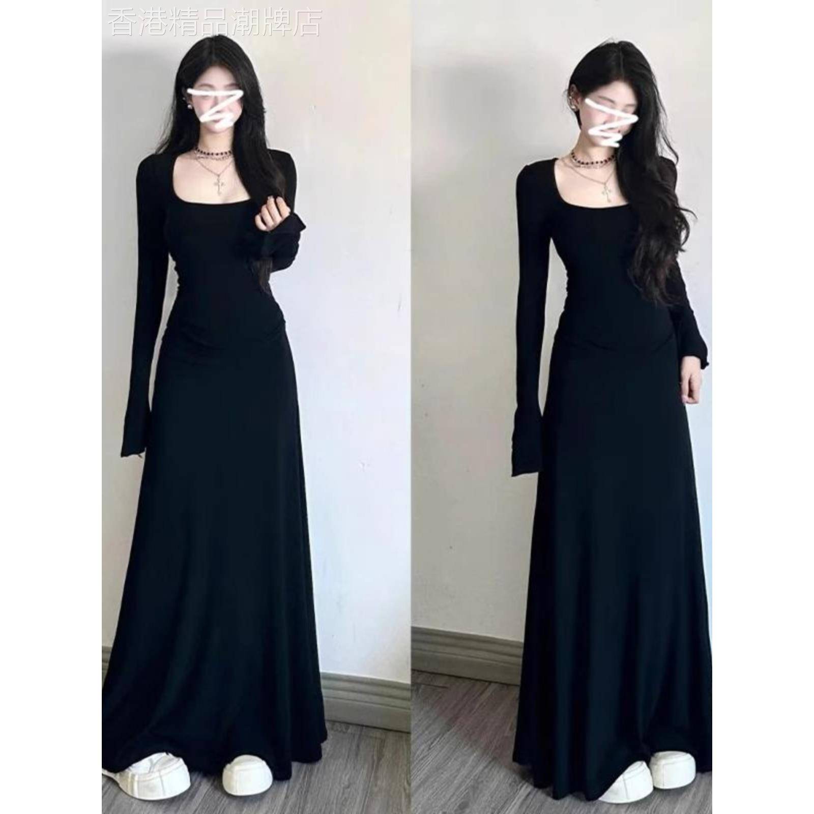 法式赫本风黑色长袖连衣裙女秋装2025新款气质修身御姐包臀长裙子