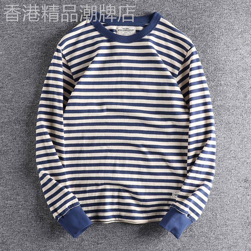 代购覆古针织华夫格条纹长袖T恤男 舒适圆领潮流青年海魂打底衫