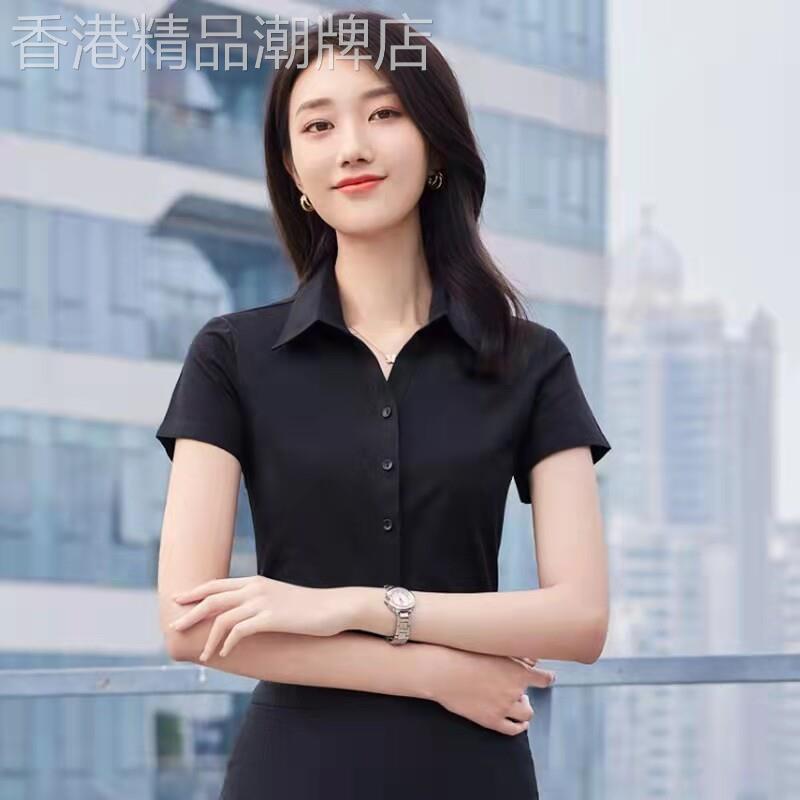 职业衬衫女2026夏季新款短袖黑色气质修身棉质V领衬衣正装工作服