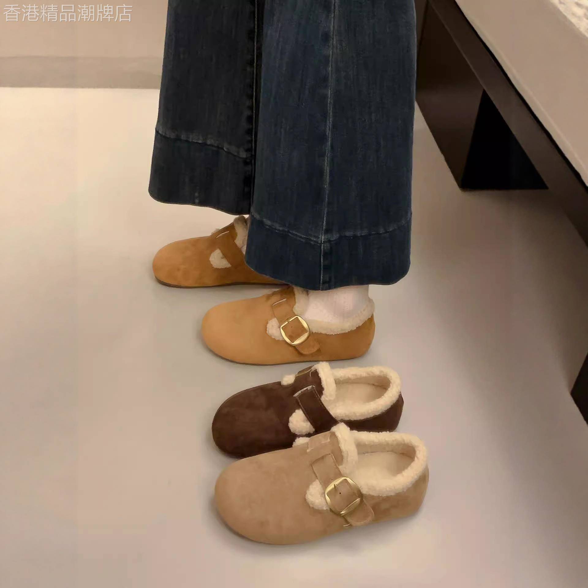 香港真皮磨砂3CM内增高勃肯鞋新款复古加绒一脚蹬加绒毛毛鞋棉鞋