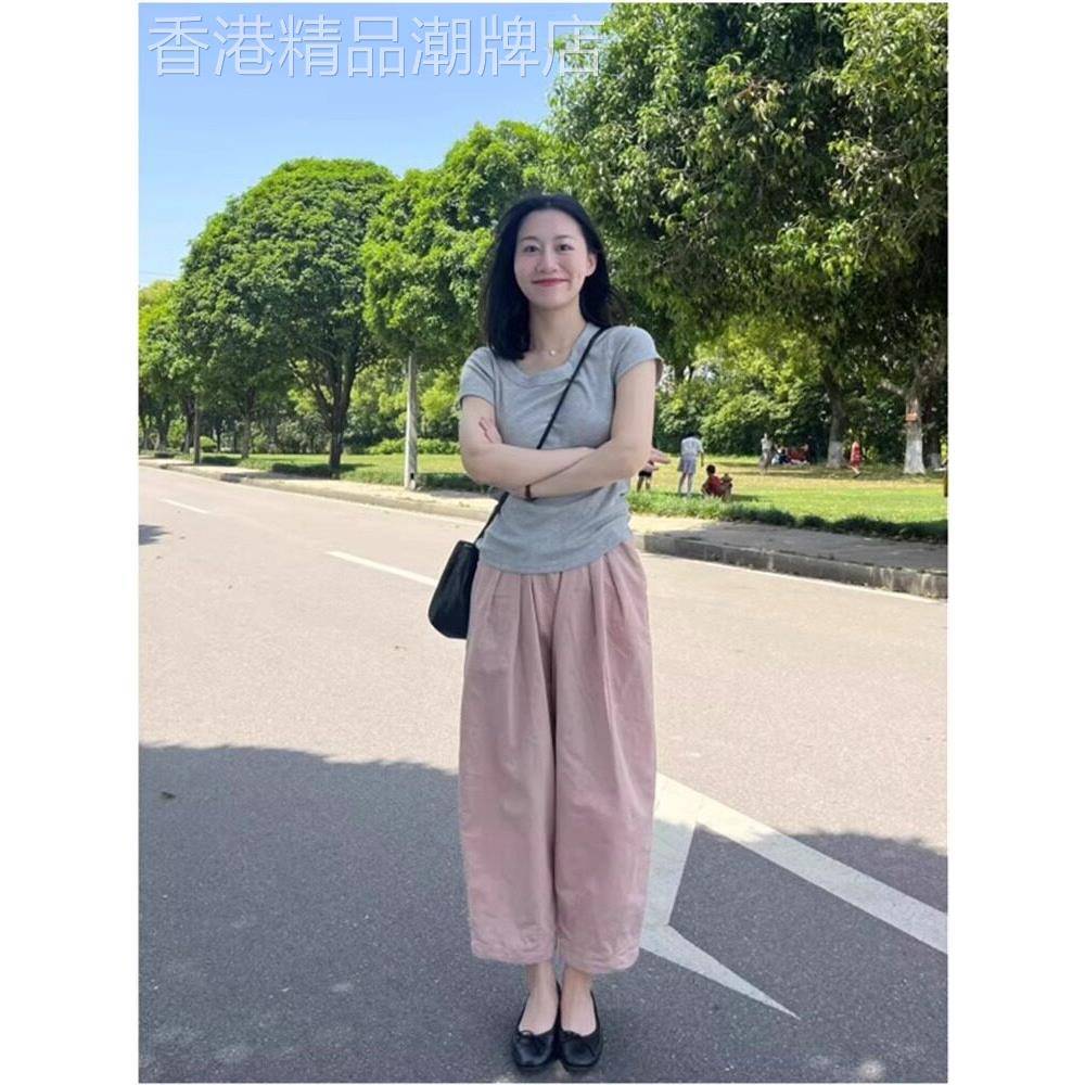 粉色棉麻休闲裤女夏季2026新款松紧高腰哈伦裤宽松透气阔腿九分裤