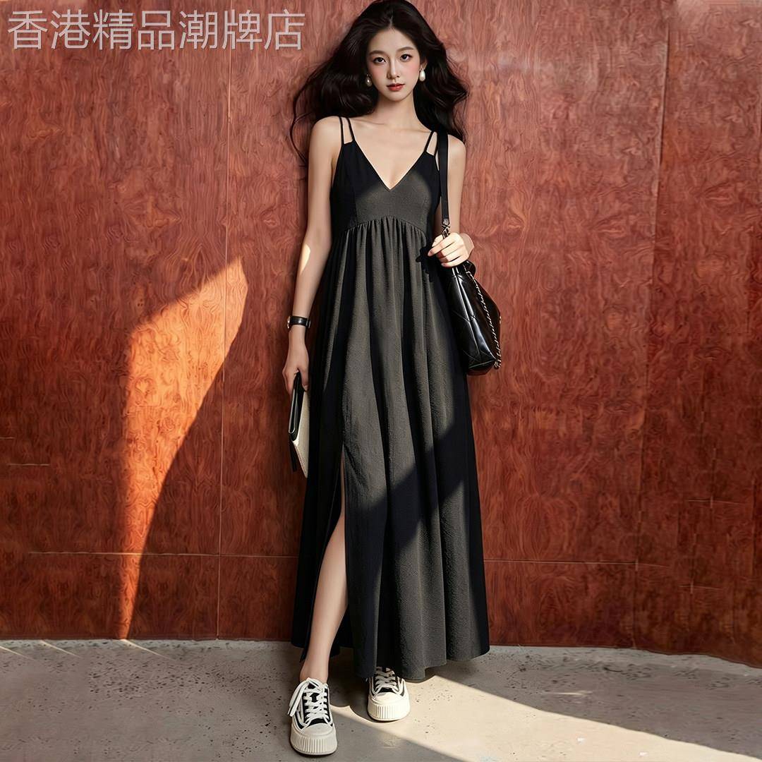 法式黑色吊带开叉洋装女夏季2026新款高级感大方得体绝美长裙子