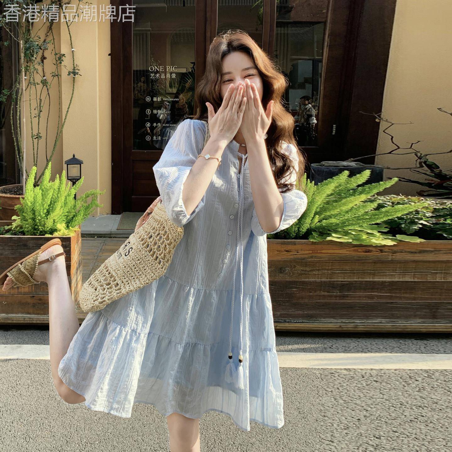 休闲日系浅蓝色流苏系带A字裙女2026年夏季甜美宽松五分袖连衣裙