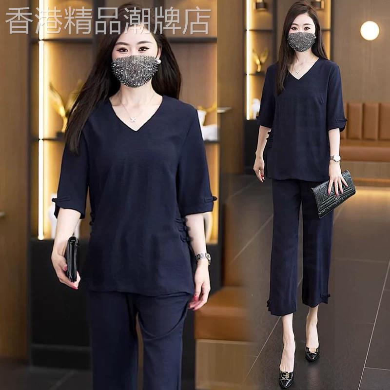 香港代购新中式时尚套装女夏季新款七分袖盘扣上衣阔腿裤子两件套