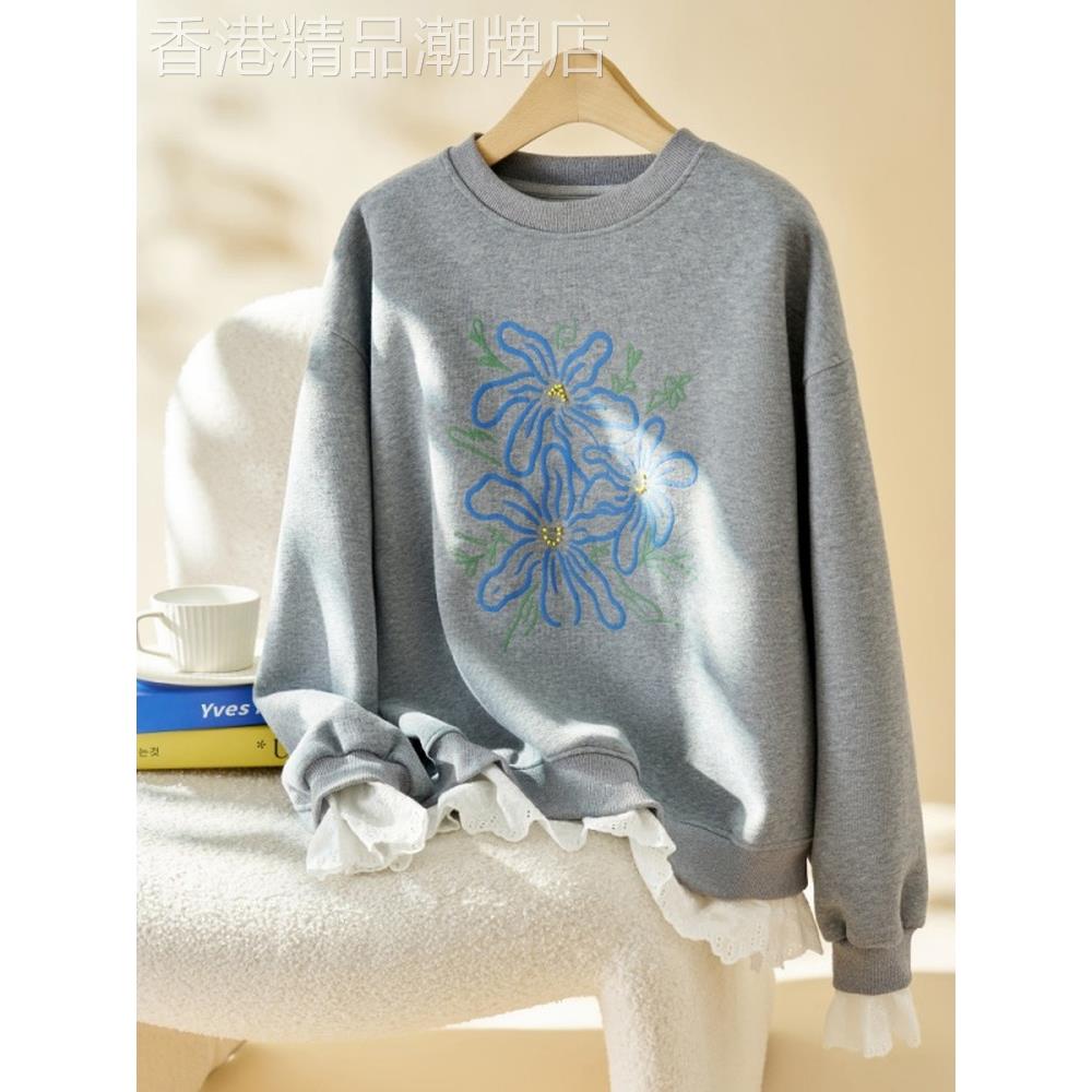 深灰色下摆蕾丝花边圆领卫衣女秋冬爆款宽松设计感印花假两件上衣