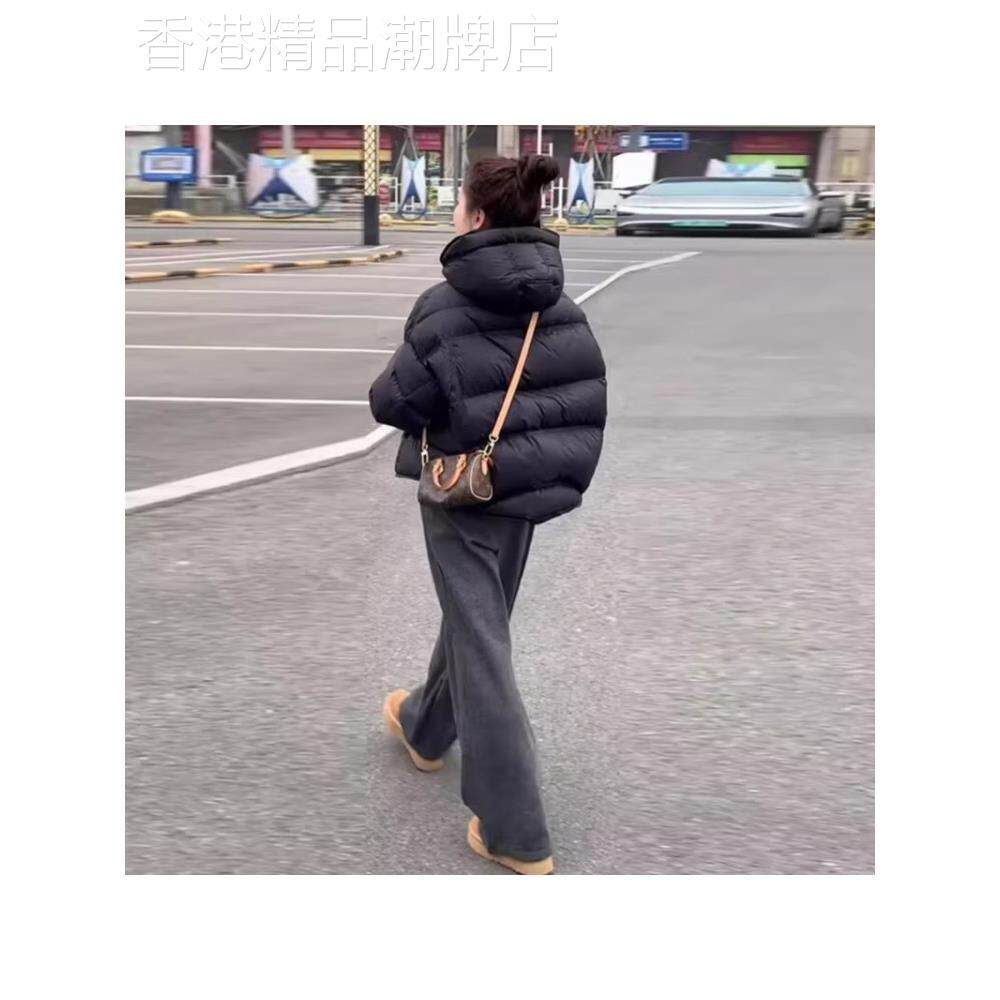 泡芙龟背黑色短款羽绒服女2025冬季新款加厚白鸭绒连帽面包服外套