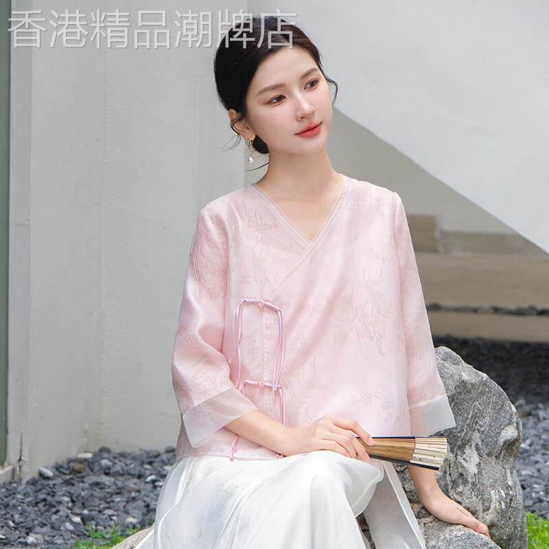 斜襟茶艺师服装新中式改良汉服上衣盘扣中国风女装禅意茶服女夏季