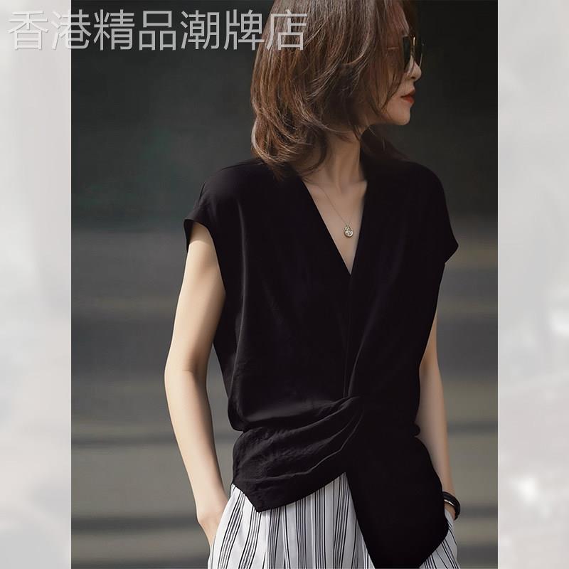 百搭不规则黑色v领衬衫女夏季2026年新款独特漂亮短袖小个子衬衣