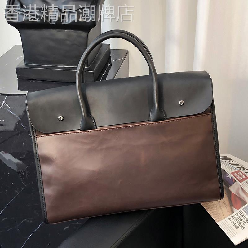 潮牌复古翻盖真皮横款手提包出差单肩文件电脑包时尚男士公文包
