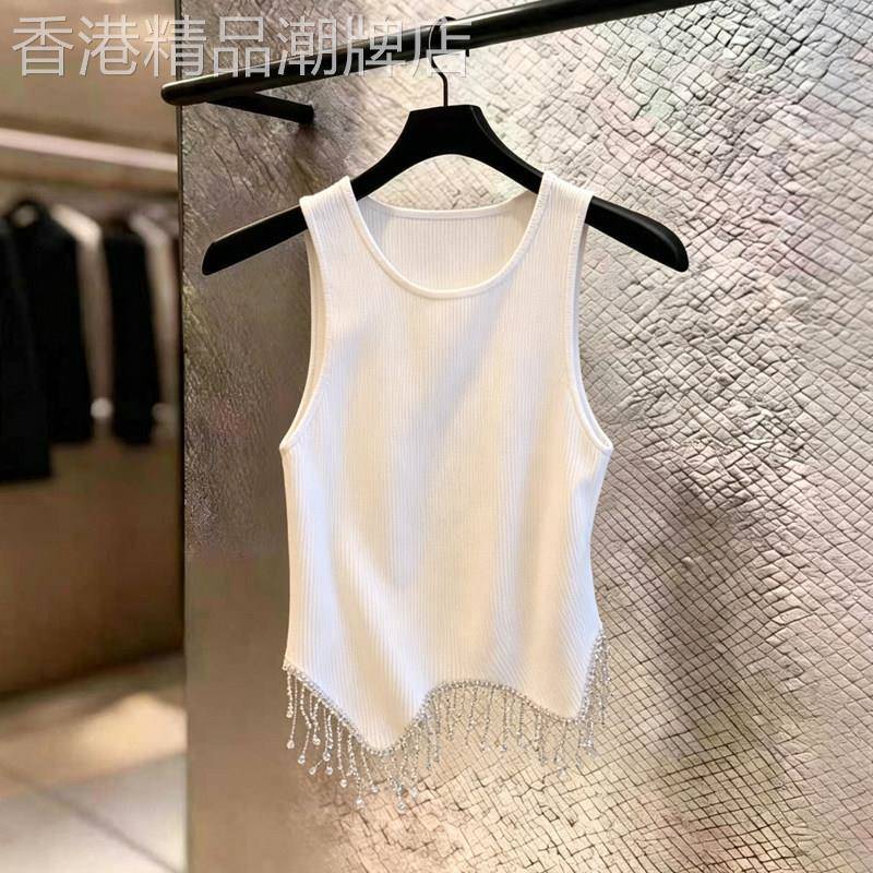 白色镶钻流苏针织吊带背心女2026夏季新款欧货修身显瘦无袖上衣潮