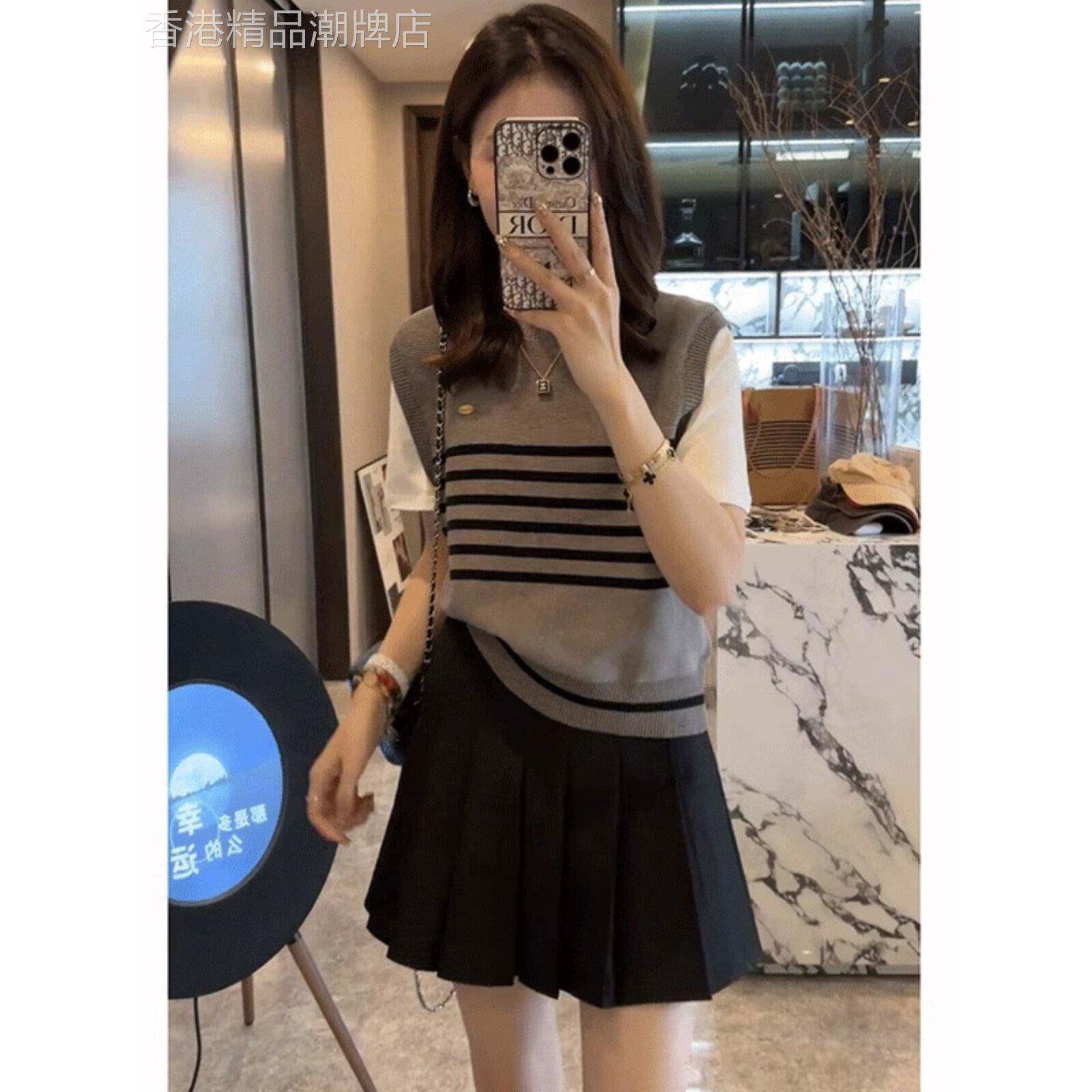 假两件套对比条纹底衬衫2025新夏季女装修身内短袖t恤上衣