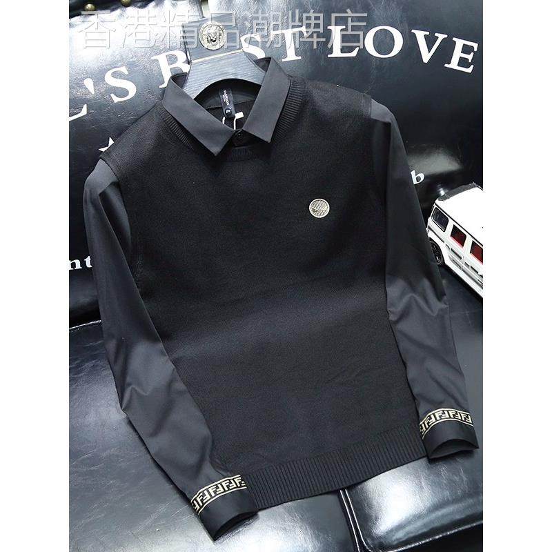 秋冬潮牌欧货小怪兽长袖毛衣针织衫男士修身休闲衬衫领假两件上衣