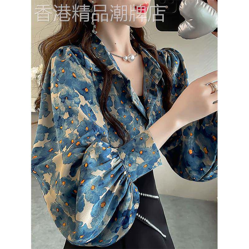 长袖衬衫女2025新款春秋高级感轻奢减龄洋气灯笼袖雪纺碎花上衣女