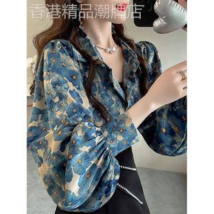长袖衬衫女2025新款春秋高级感轻奢减龄洋气灯笼袖雪纺碎花上衣女