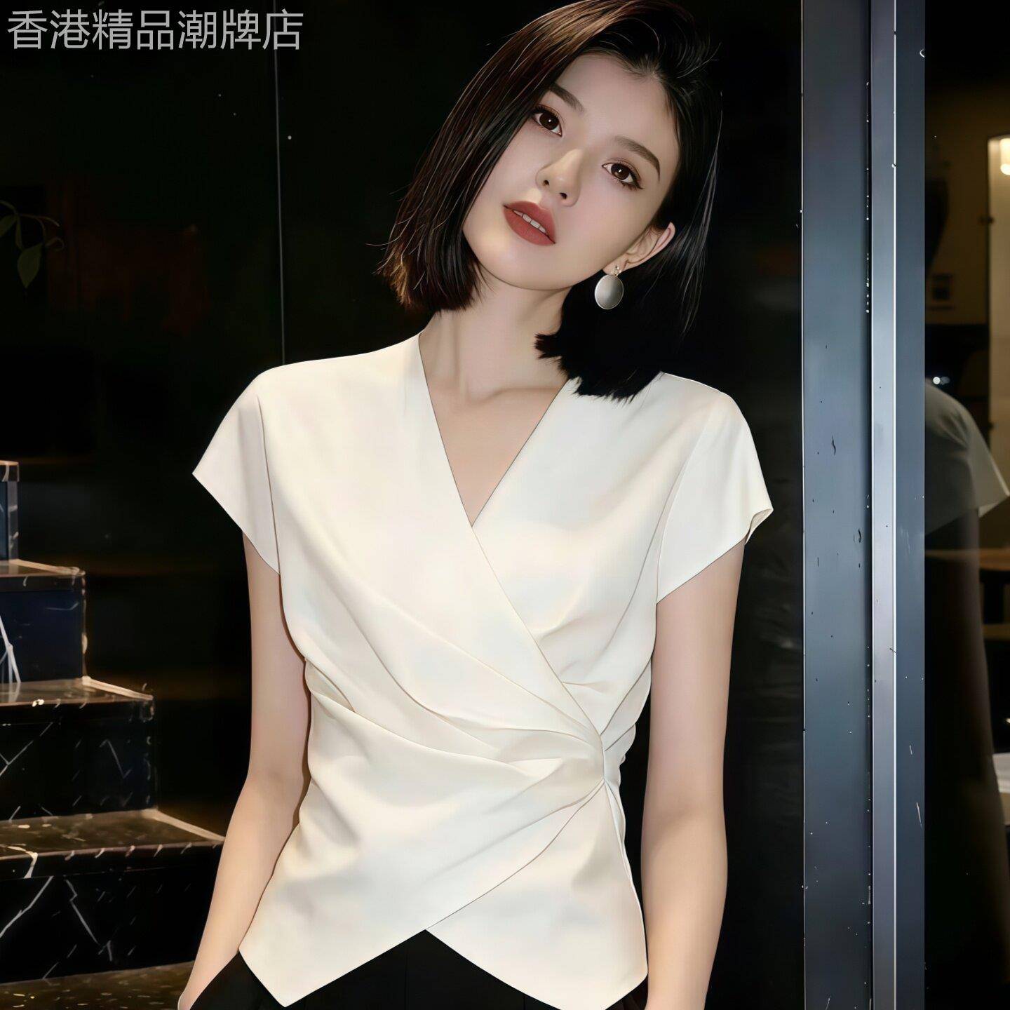 法式气质V领1/4吋套筒扳手袖衬衫女2026新款夏季别致褶皱显瘦小衫