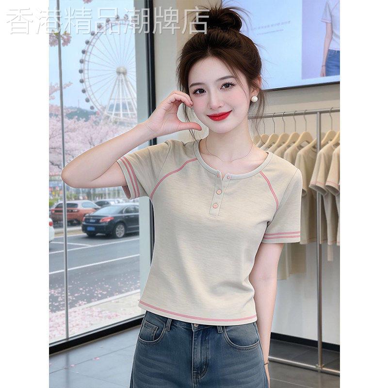 圆领短袖T恤女夏季薄款2026新款设计感拼色修身短款时尚半袖上衣