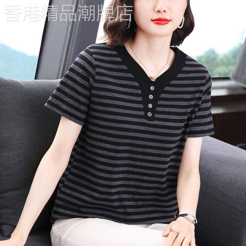 2026新款纯棉短袖t恤女夏宽松大尺码显瘦半袖条纹圆领上衣正肩欧