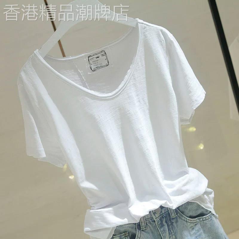 白色V领短袖T恤女夏季欧货通勤舒适百搭简约风竹节棉宽松显瘦上衣