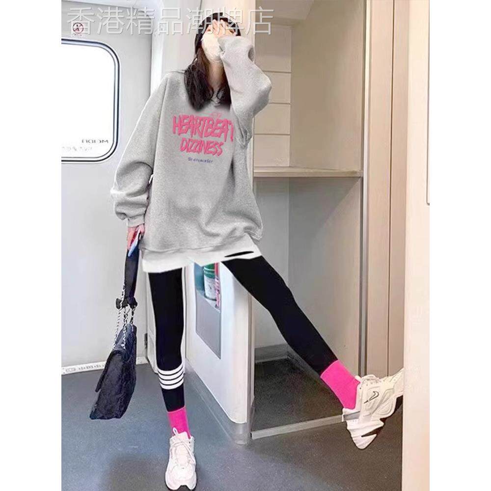 欧洲站灰色假两件中长款卫衣女2025春秋冬新款加绒加厚遮屁股上衣