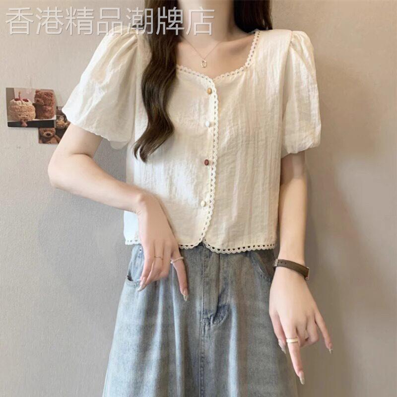 雪纺衬衫女短袖2026夏季新款大码胖mm显瘦洋气泡泡袖方领小衫上衣