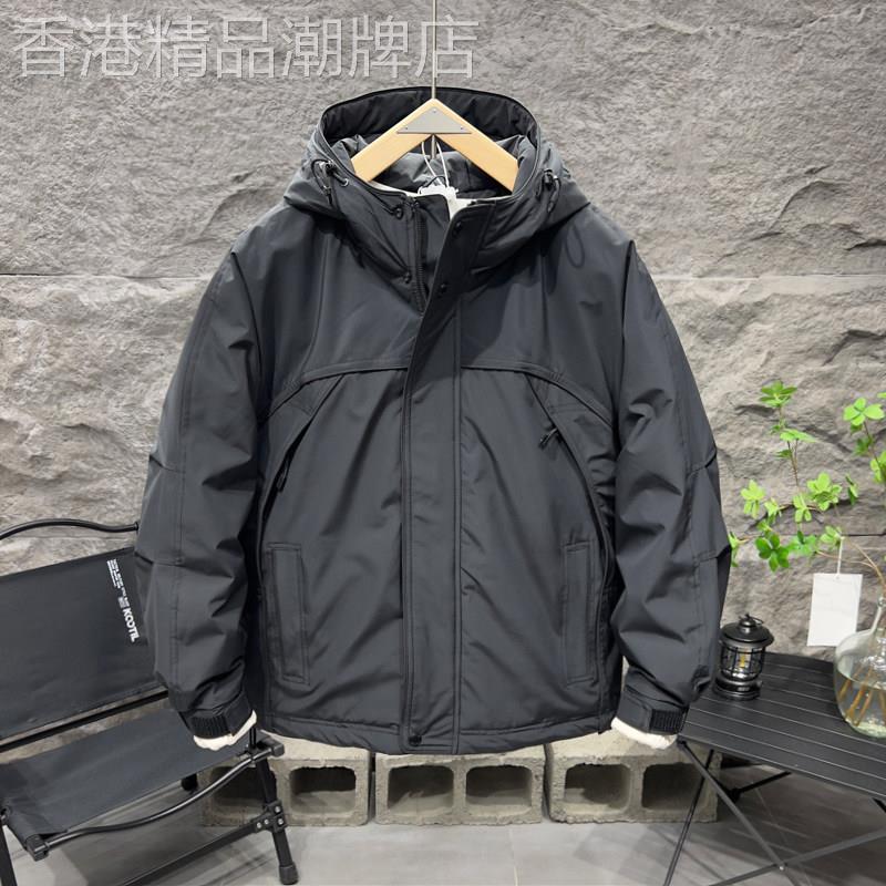 代购外套男日系纯色简约连帽冲锋衣外套男秋季休闲宽松工装夹克男