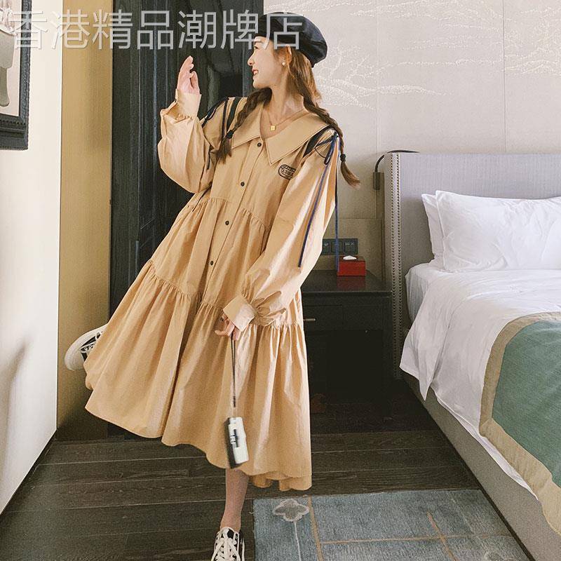 韩系宽松大尺码孕妇胖mm衬衫娃娃领洋装女春秋新款长袖学院风裙子