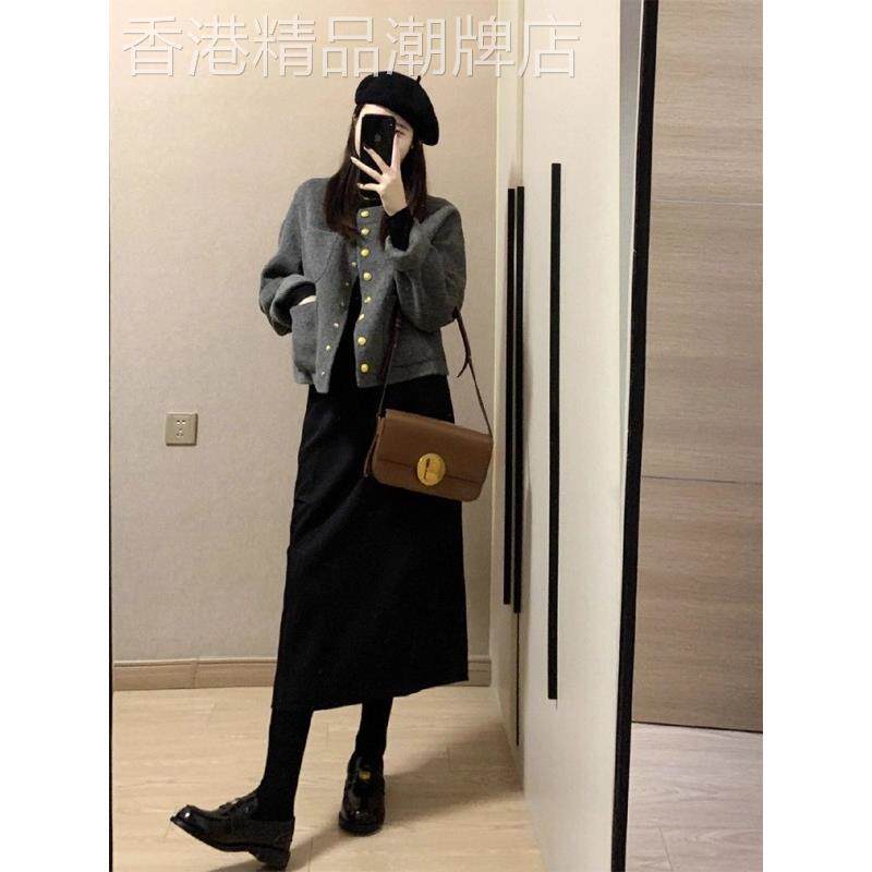 黑色高腰直筒中长款a字毛呢半身裙女2025秋季新款赫本风包臀裙潮