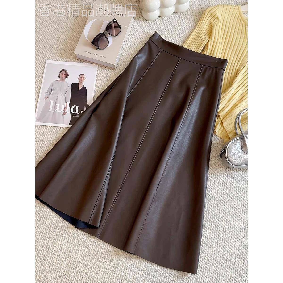 法国ASW咖色皮裙2025高腰百褶A字半身裙女秋冬中长款包臀大摆长裙