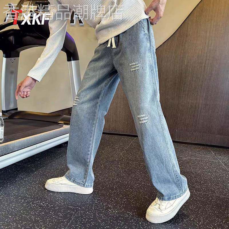 潮牌直筒破洞牛仔裤男士2026新款春夏季男裤痞帅阔腿休闲裤子男款