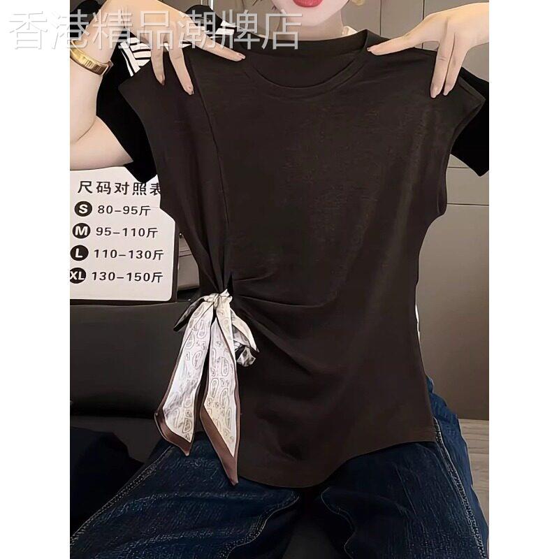 黑色圆领短袖T恤女士夏季新款设计感系带收腰大尺码胖MM蝙蝠袖上