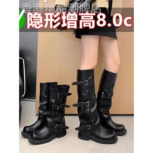 2025新款爆款粗跟增高长筒时髦皮靴高筒加绒黑色中筒女款骑士靴子