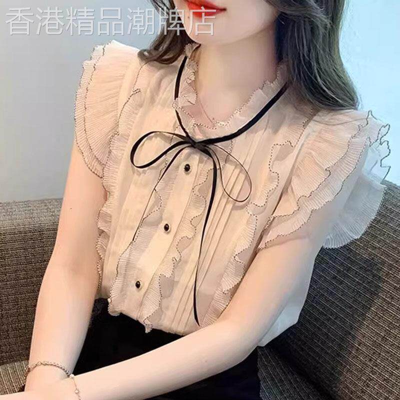 蝴蝶结系带雪纺衬衫女士夏季2026欧货新款减龄时尚洋气飞飞袖上衣