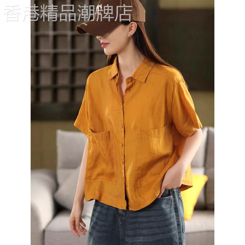 文艺亚麻短袖衬衫女夏季2026年新款薄款外套上衣短款显瘦翻领衬衣