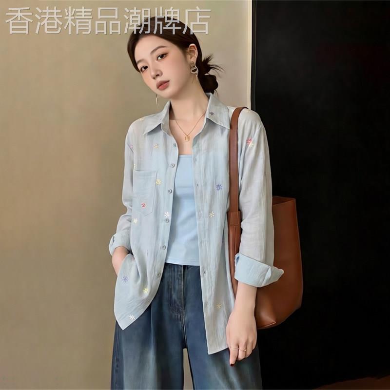 潮牌刺绣薄款防晒衬衫女2026年新款夏季大尺码胖mm正肩外搭开衫上