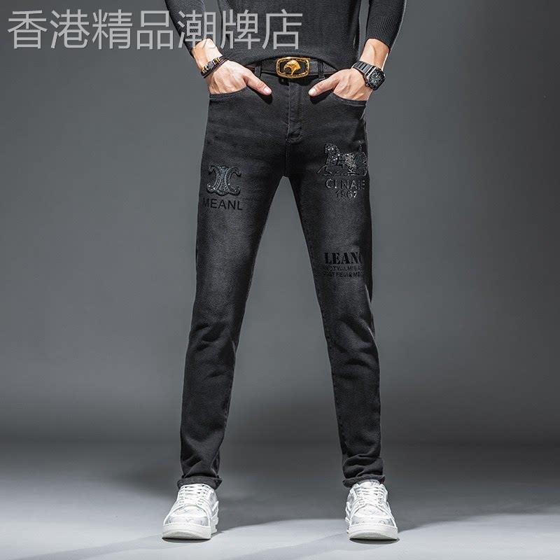 欧洲站潮流黑色牛仔裤男修身直筒春夏季烫钻印花刺绣弹力休闲长裤