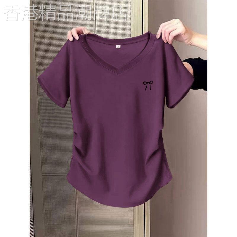 洋气减龄短袖T恤女2026夏季v领小个子显瘦修身体恤衫时尚百搭上衣