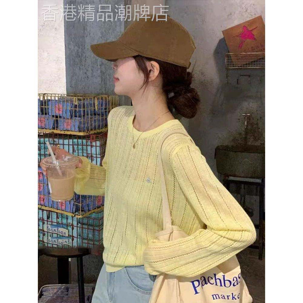 多巴胺牛奶黄冰丝绸针织防晒衬衫女性夏季薄背剪裁长袖t恤上衣