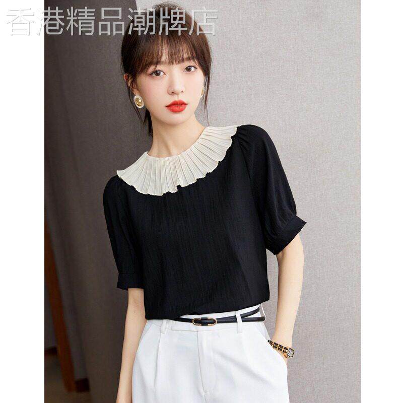 黑色短袖衬衫女2025新款夏季薄款修身高级感轻奢减龄洋气雪纺上衣