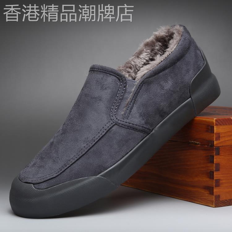 欧洲站保暖帆布棉鞋男士休闲一脚蹬乐福鞋秋冬加绒大码低帮男鞋子