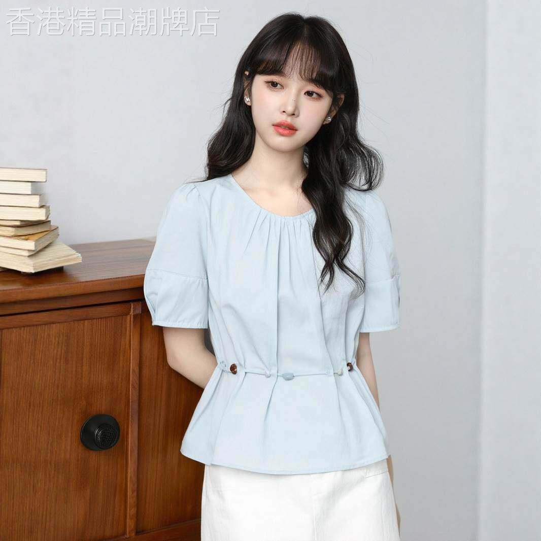 圆领衬衫女短袖夏季2026新款设计感小众韩版系带收腰衬衫短款上衣
