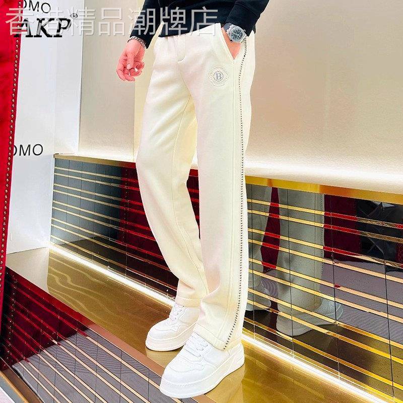 高端休闲裤子男士2026新款春秋季白色男裤阔腿直筒侧条纹卫裤男款