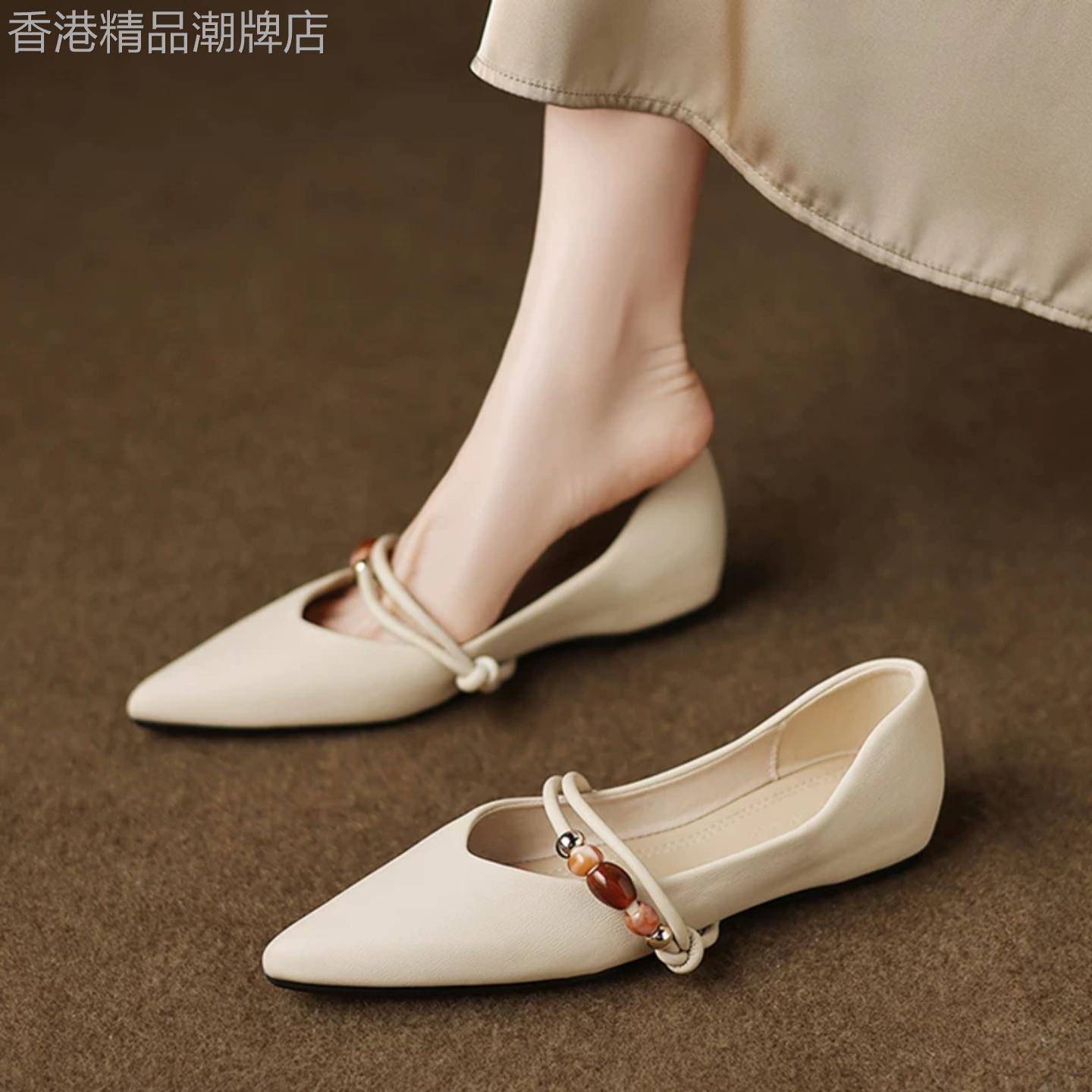 真皮绝美浅口单鞋女夏季2026新款平底软底不累脚温柔仙女风瓢鞋子