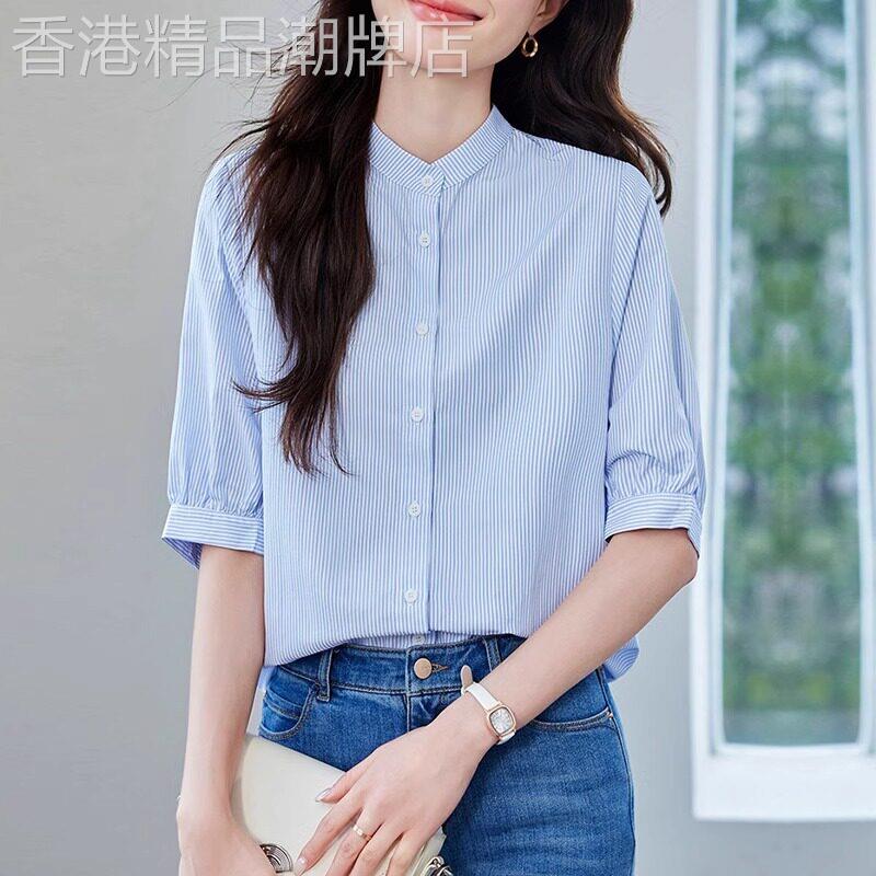 短袖衬衫女2026新款夏季立领条纹衬衫高级感轻奢减龄洋派蓝色上衣